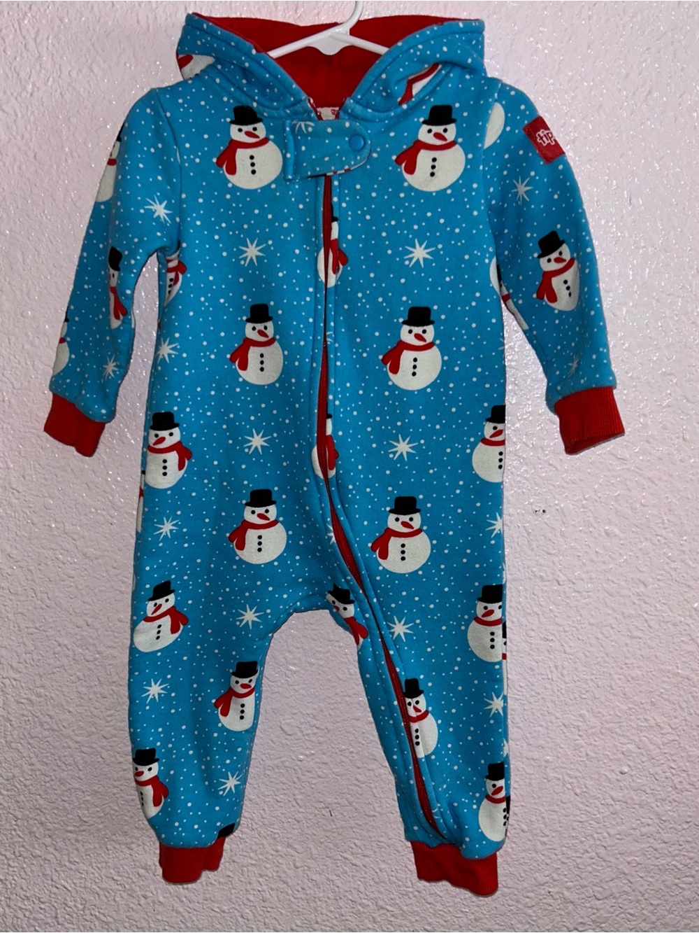 Tipsy Elves Blue Snowman Hooded One-Piece with Red Accents